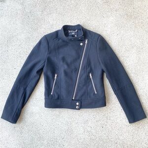 Women’s H&M Black Biker Jacket Wool Blend Round Neck Cross Zip Pockets Size 4 US